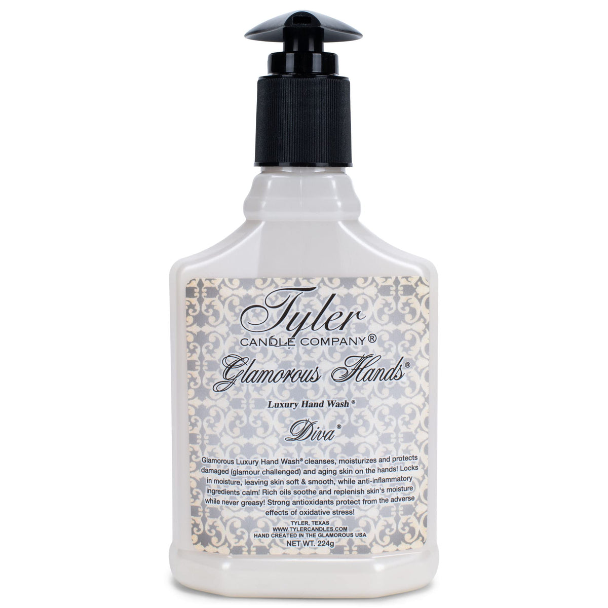 TYLER bottle front view showing label and elegant packaging for moisturizing benefit