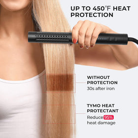 TYMO glass bottle label detail highlighting natural formulation benefit