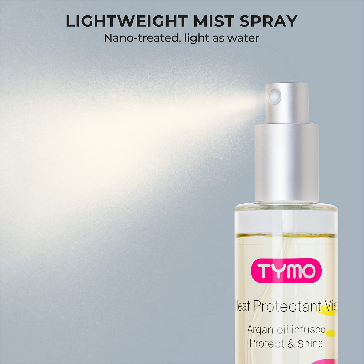 TYMO sprayed on damp hair before styling to reduce frizz and heat damage