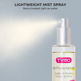 TYMO sprayed on damp hair before styling to reduce frizz and heat damage