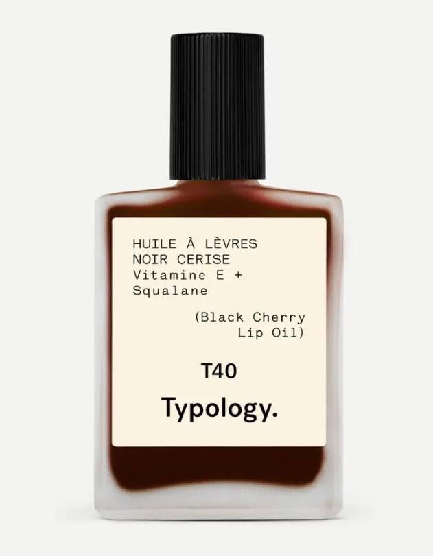 Typology lip oil front packaging shows shade and glossy finish benefit