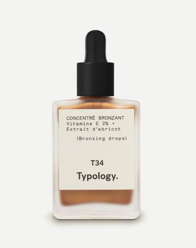 Typology bronzing drops front packaging showing bottle and label for instant glow