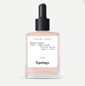Typology tinted serum front packaging showing tube and fair shade, easy everyday coverage