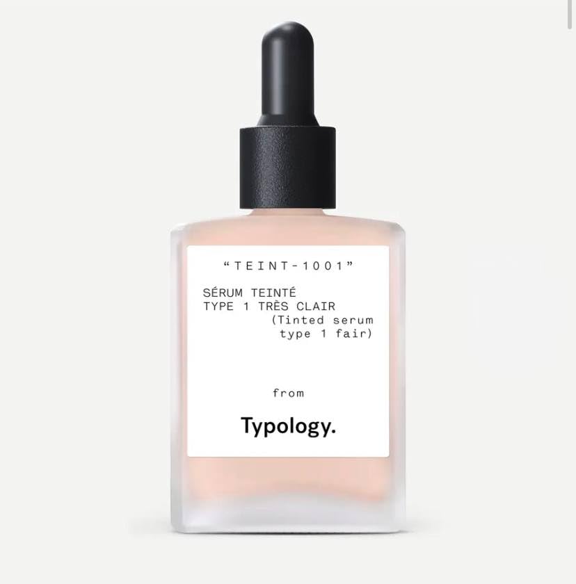 Typology tinted serum front packaging showing tube and fair shade, easy everyday coverage