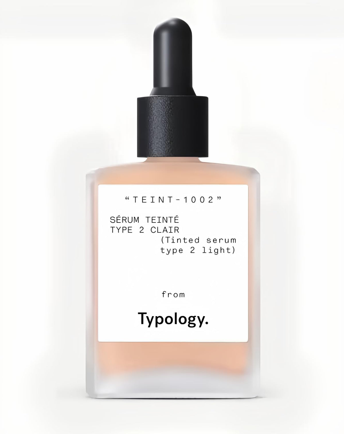 Typology front packaging showing vial and label, highlights brand and neat design