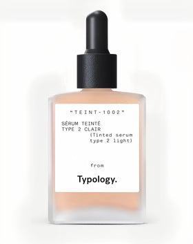 Typology front packaging showing vial and label, highlights brand and neat design