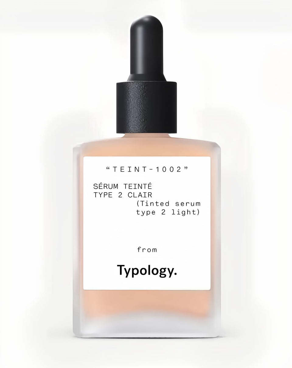 Typology front packaging showing vial and label, highlights brand and neat design