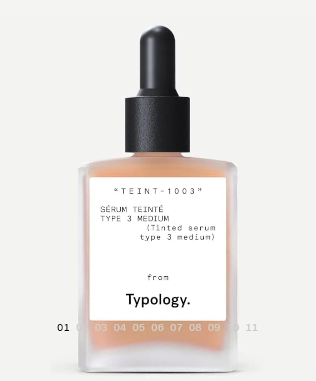 Typology tinted serum front packaging showing label and medium shade