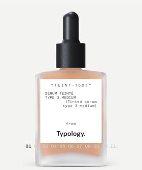 Typology tinted serum front packaging showing label and medium shade