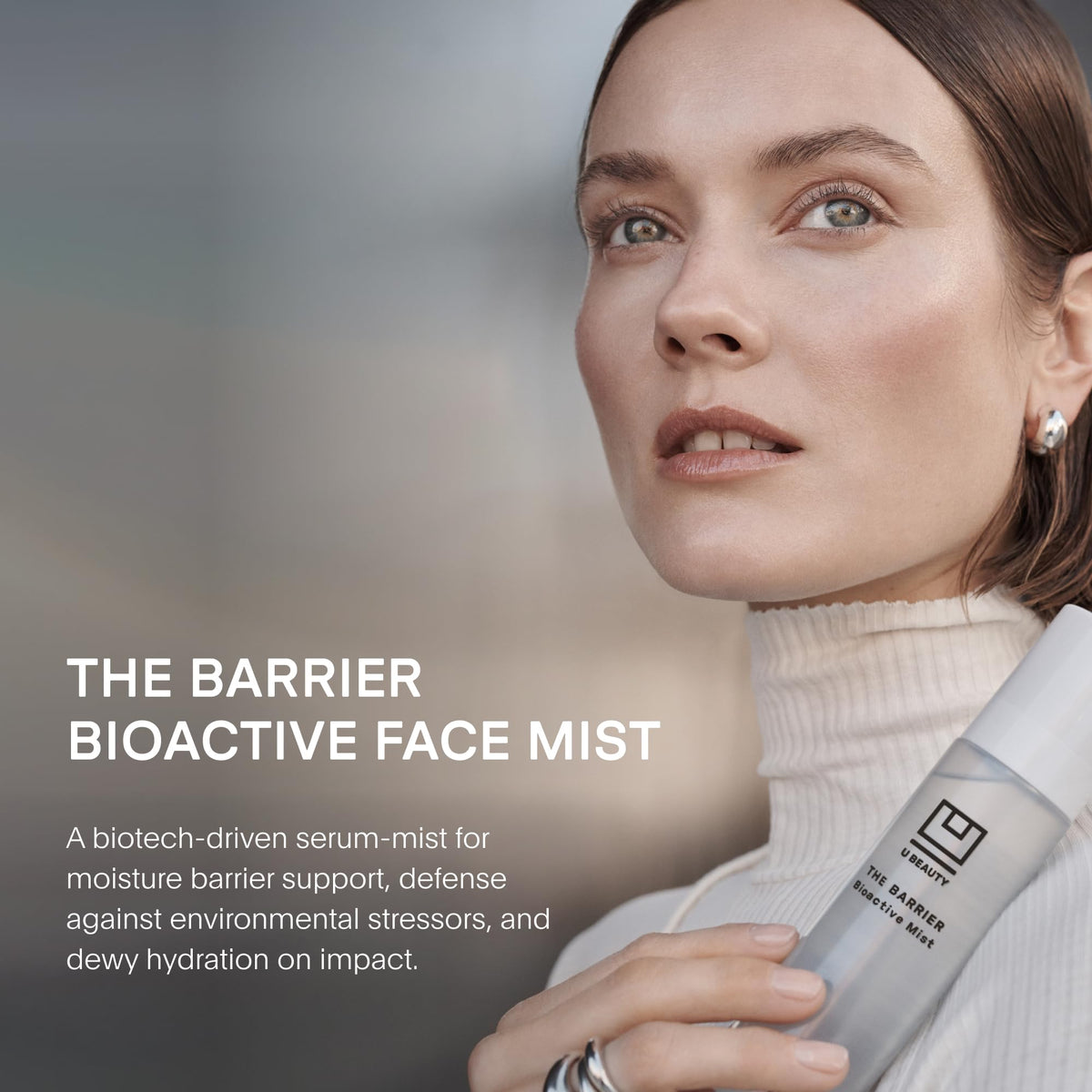 U Beauty mist spraying fine hydration particles to refresh skin and set makeup