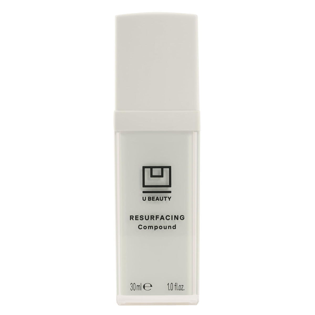 U Beauty front packaging of resurfacing compound shows sleek bottle and label, promising targeted renewal