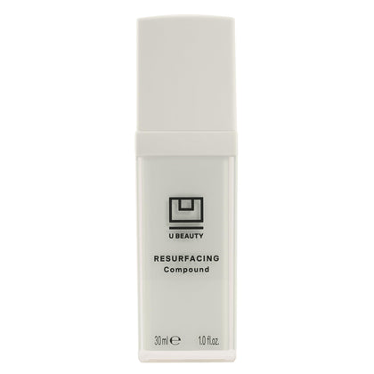 U Beauty front packaging of resurfacing compound shows sleek bottle and label, promising targeted renewal