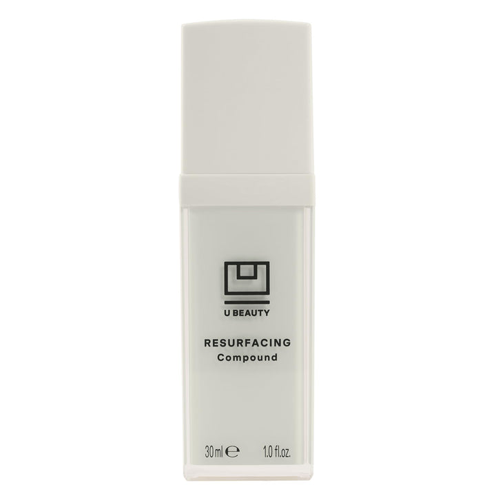 U Beauty front packaging of resurfacing compound shows sleek bottle and label, promising targeted renewal