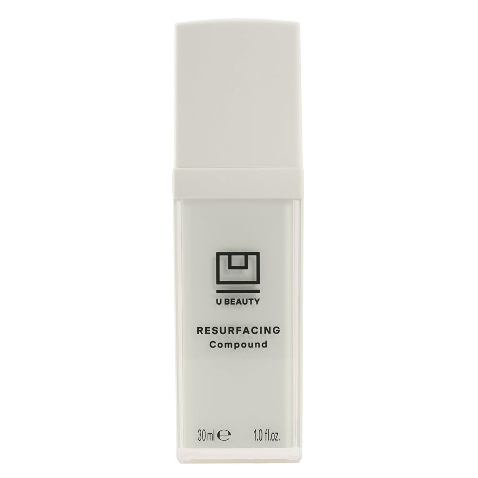 U Beauty front packaging of resurfacing compound shows sleek bottle and label, promising targeted renewal