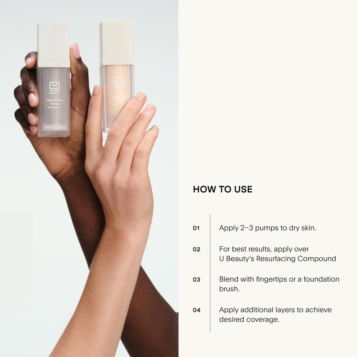 U Beauty product next to a one-ounce scale showing compact size and travel-friendly convenience