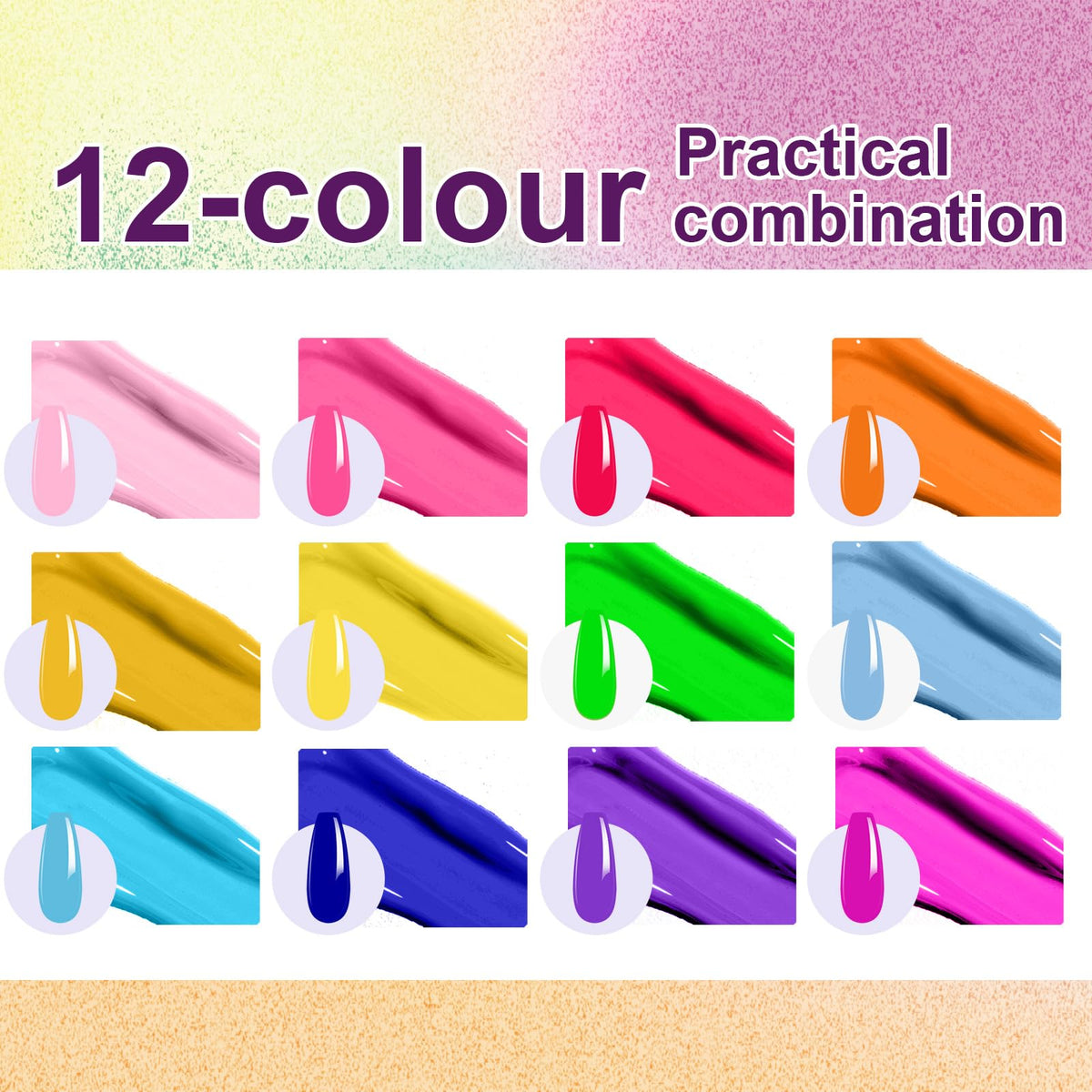 U-Shinein color swatches fan displaying 12 vibrant gel shades for quick reference