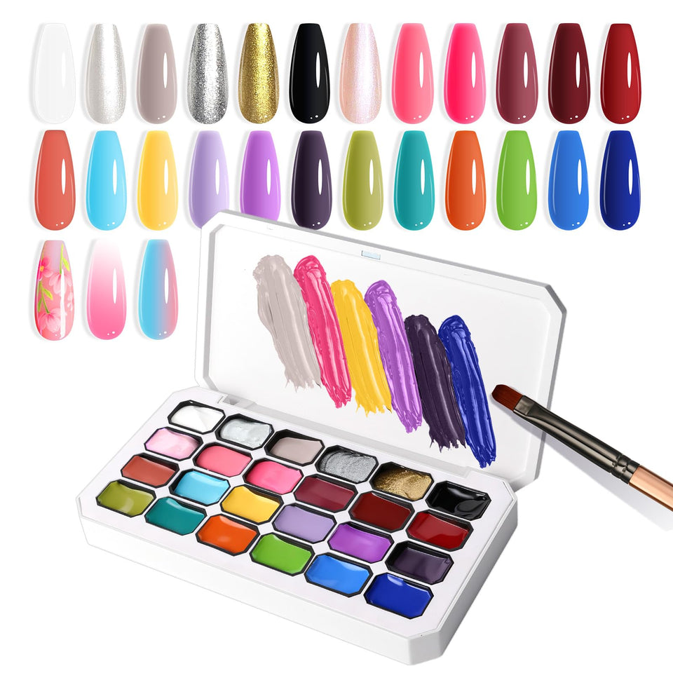 U-Shinein front packaging showing 24-color gel set and included tools for easy selection