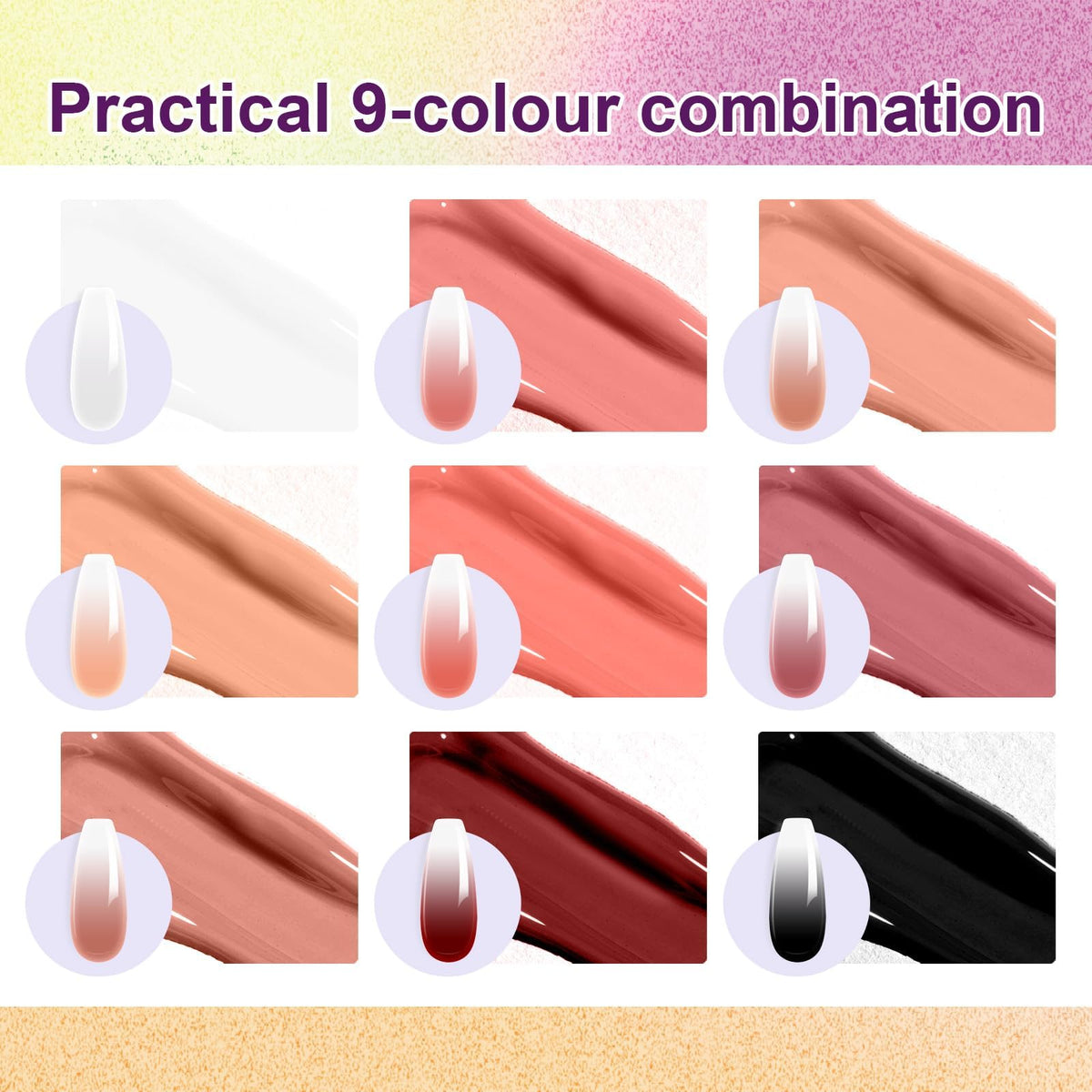 U-Shinein palette closeup of nine vivid gel pots highlighting color variety