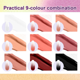 U-Shinein palette closeup of nine vivid gel pots highlighting color variety