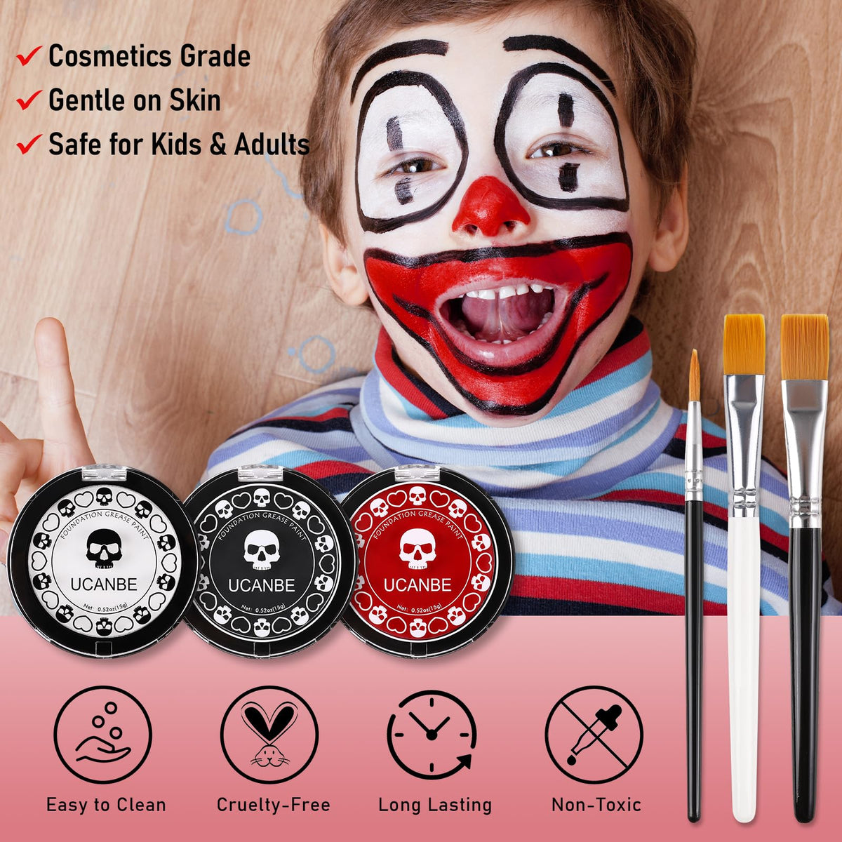 UCANBE applied on model half-face showing dramatic costume transformation benefit