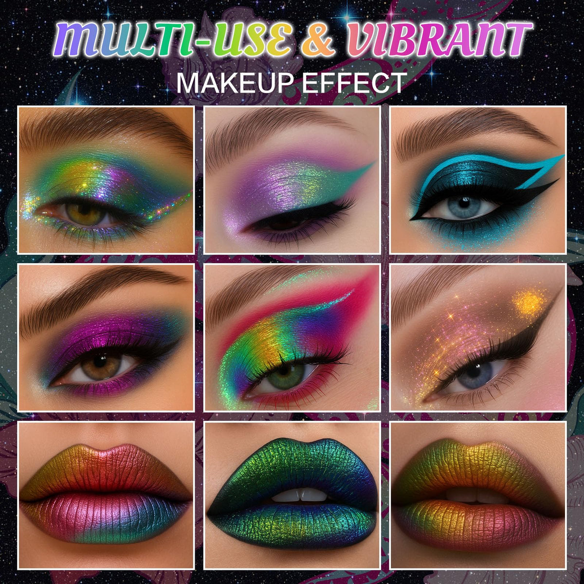 UCANBE applied eye makeup lifestyle image showing bold, reflective crease-to-lid shimmer