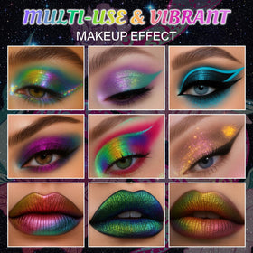 UCANBE applied eye makeup lifestyle image showing bold, reflective crease-to-lid shimmer