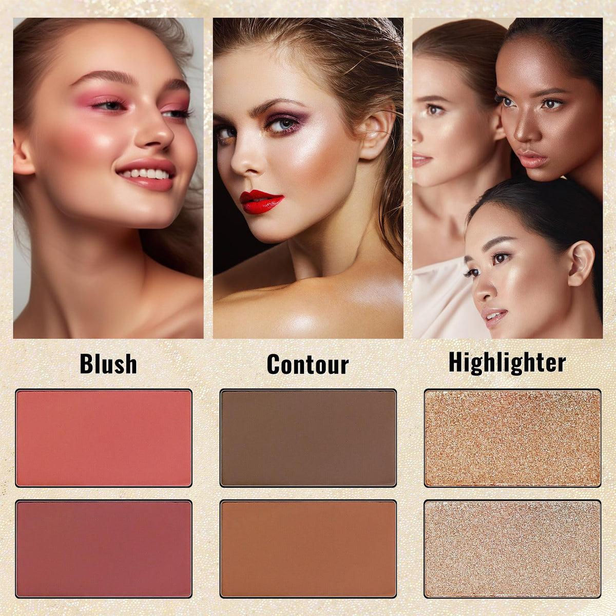 UCANBE highlighters blush and contour pans to shape and illuminate the face