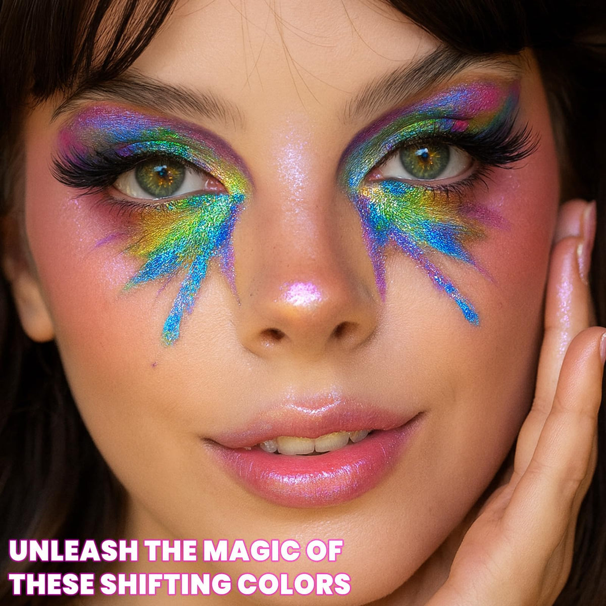UCANBE festival makeup look showcasing vibrant multichrome impact and shine