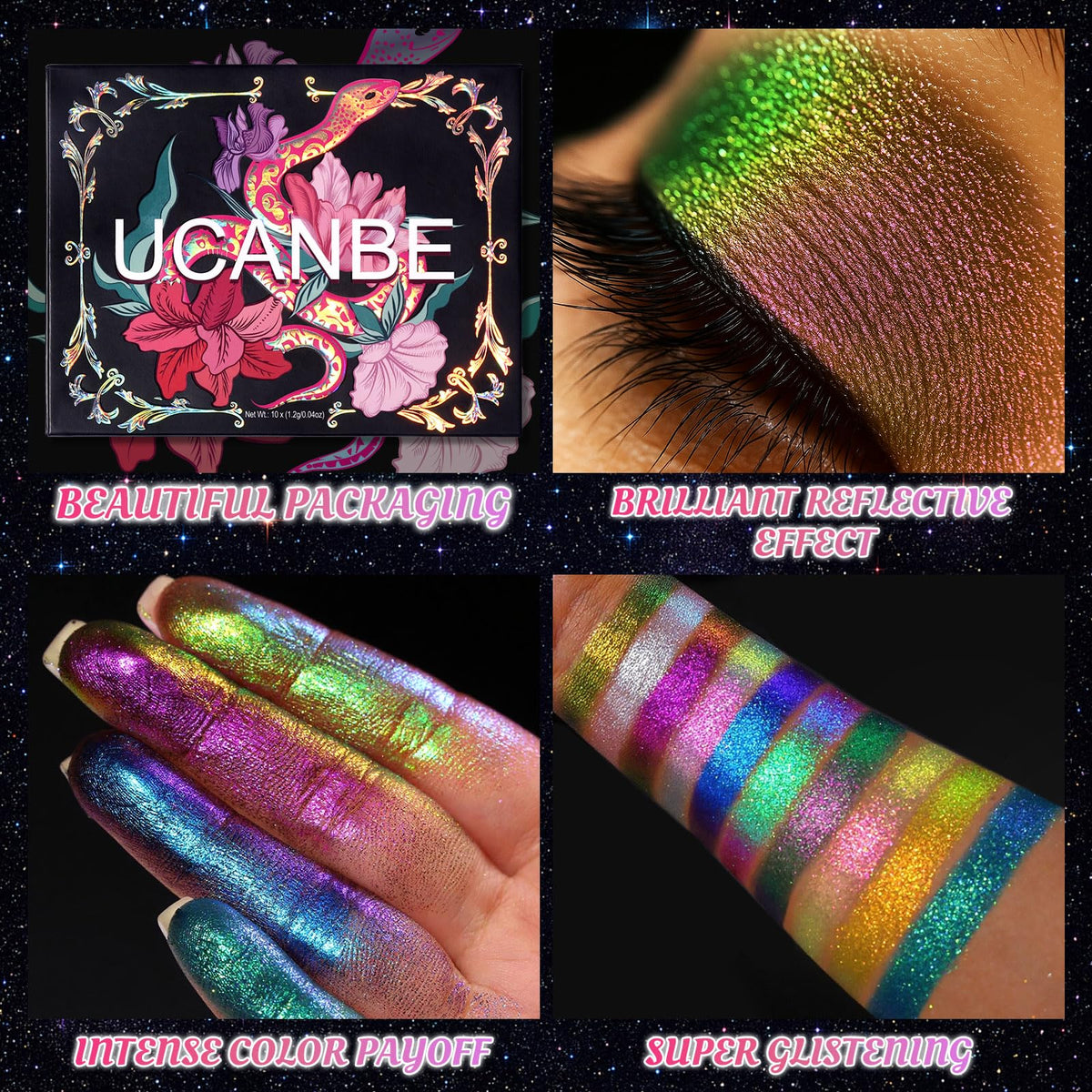 UCANBE lip topper application detail showing holographic shine and layering potential