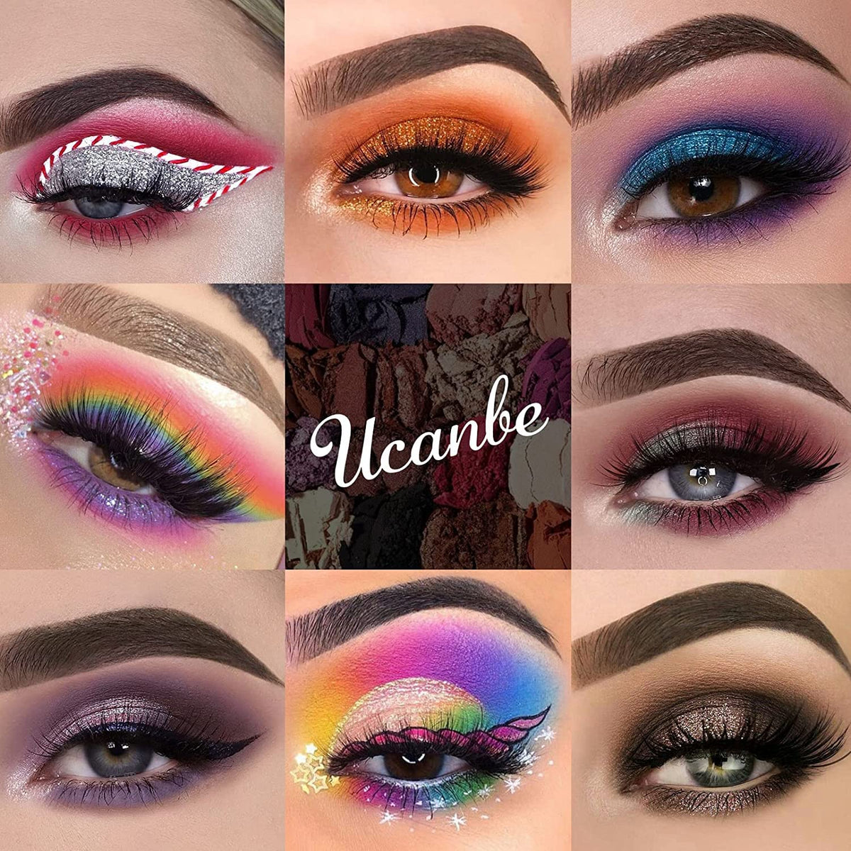 UCANBE open palette full view displaying warm neutrals, vivid splashes, and shimmers