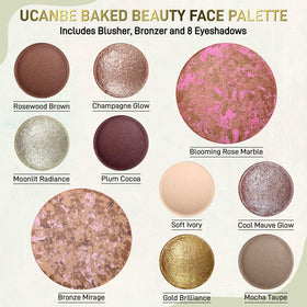 UCANBE open palette top view revealing eight eyeshadows blush and bronzer for versatile looks