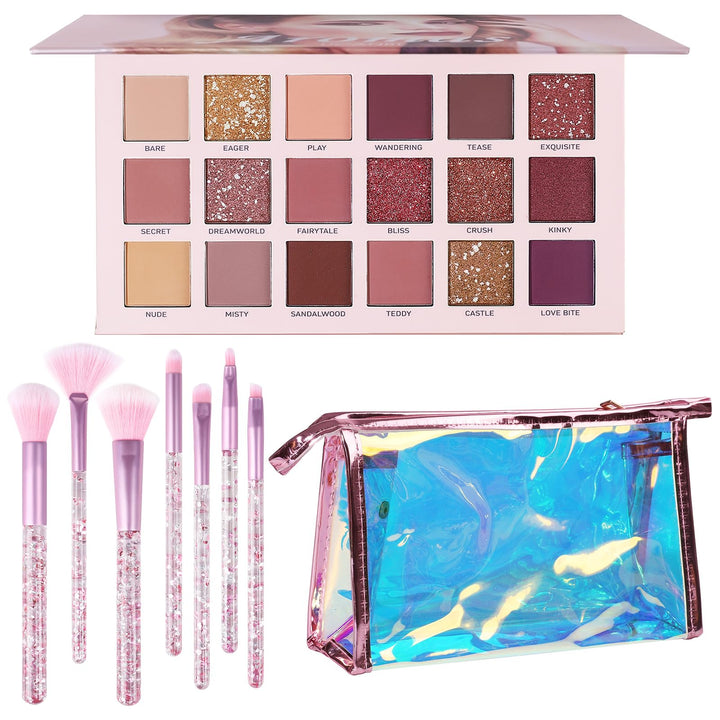 UCANBE palette front open showing 18 nude shades and versatile finishes