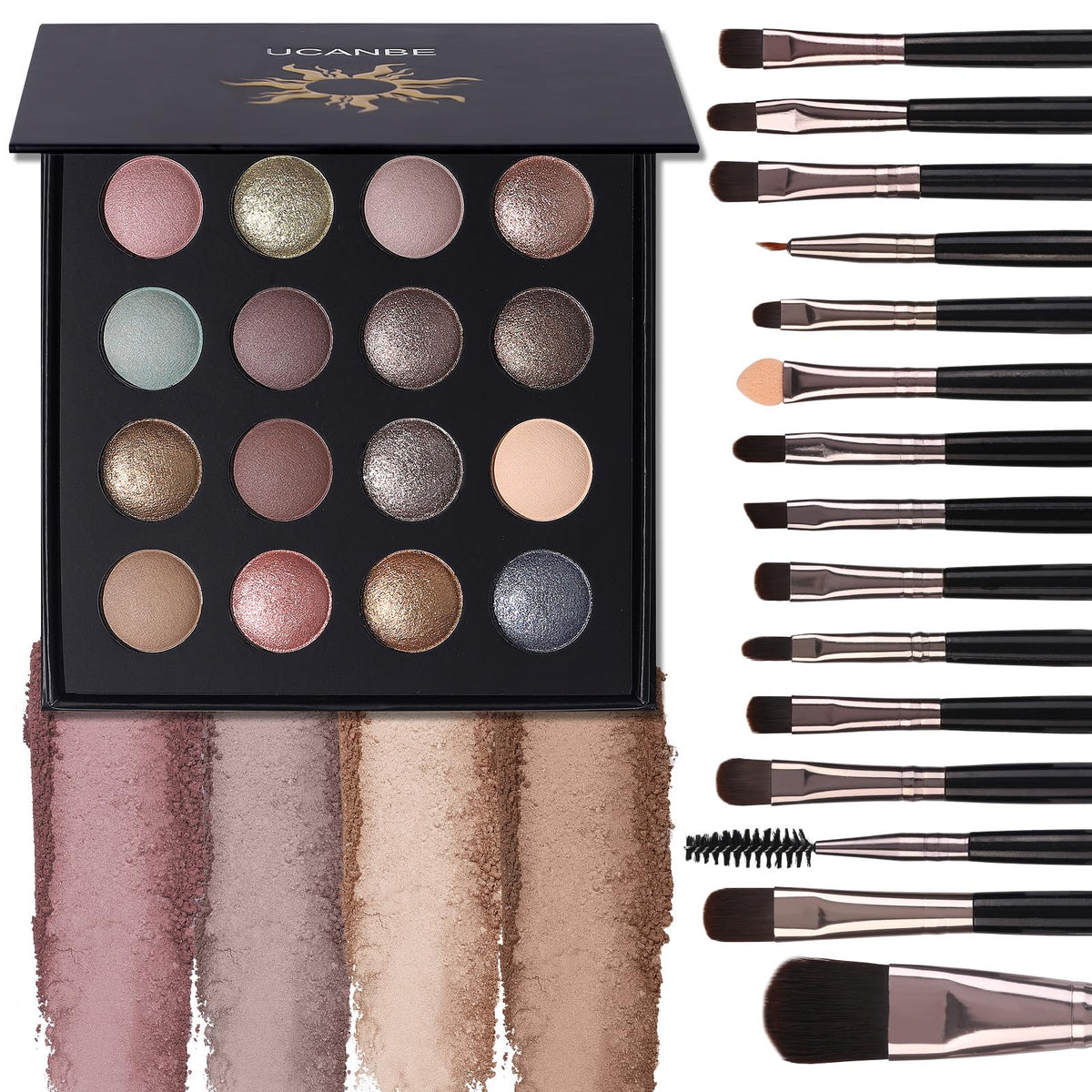 UCANBE front view of palette showing 16 versatile shades and compact packaging benefits