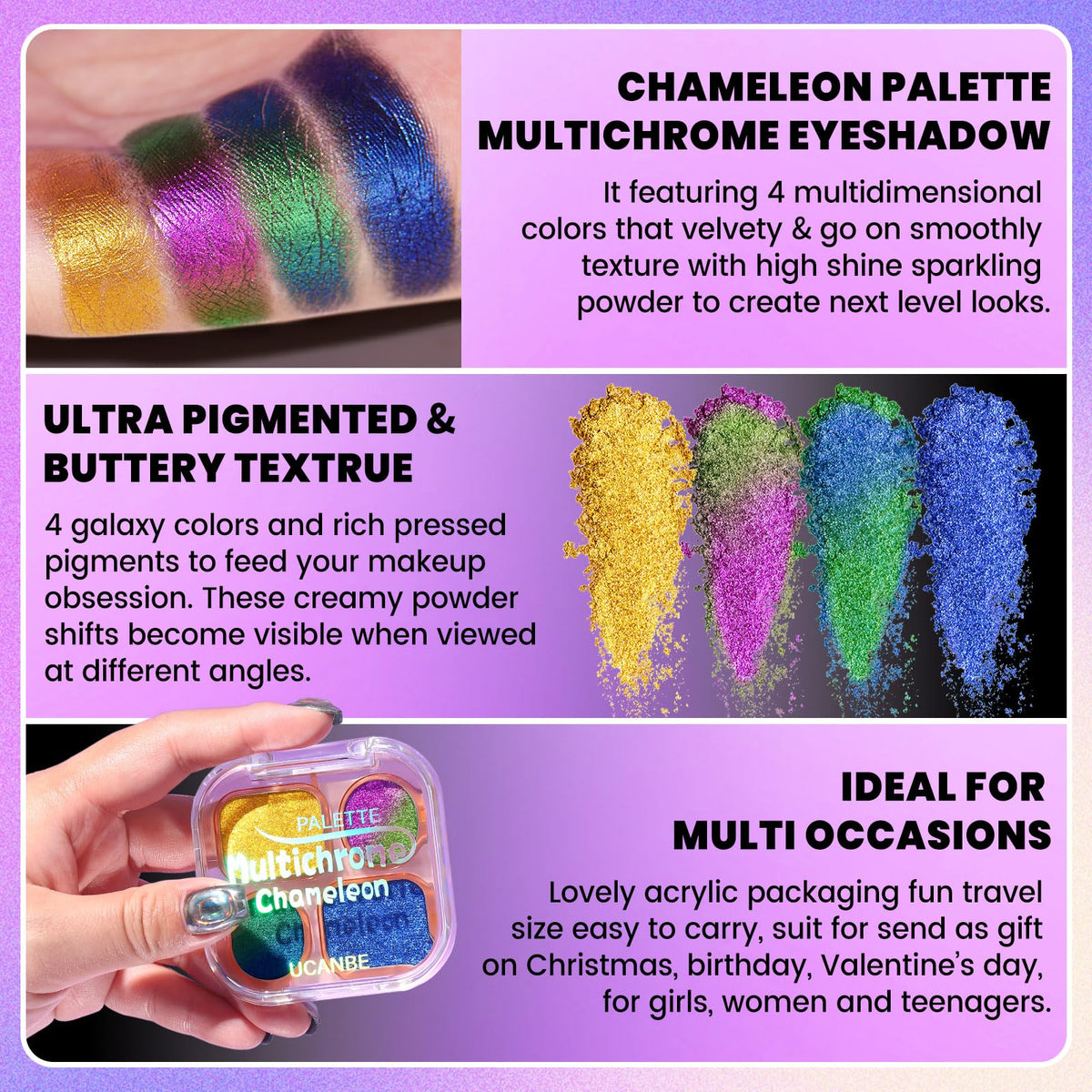UCANBE close-up of pans highlighting duochrome glitter and metallic payoff