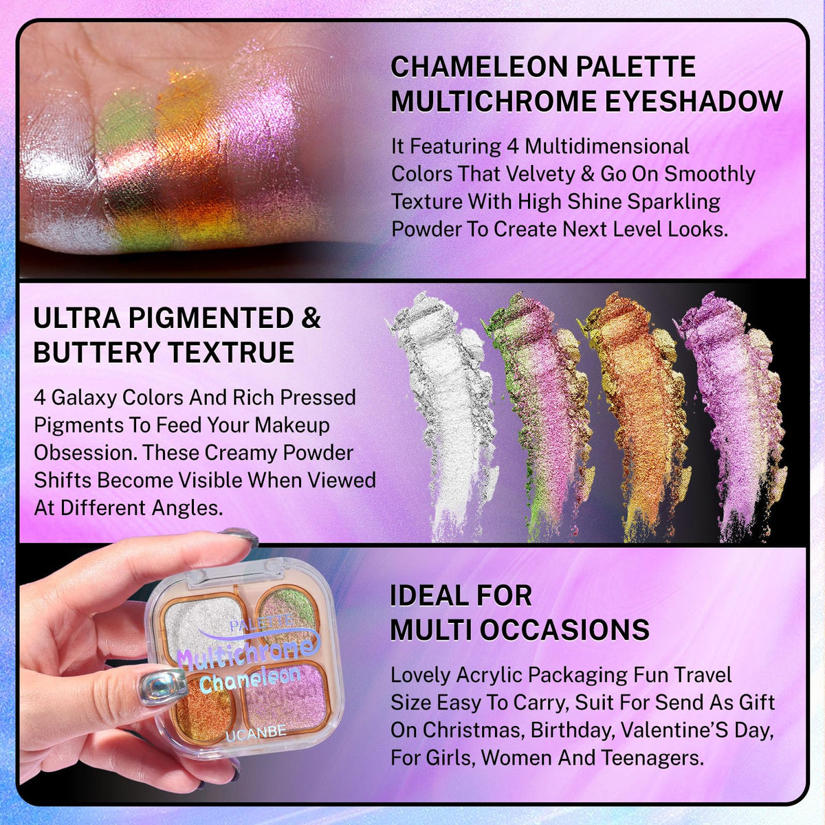 UCANBE close-up of shimmer texture highlighting creamy, finely milled pigments for smooth application
