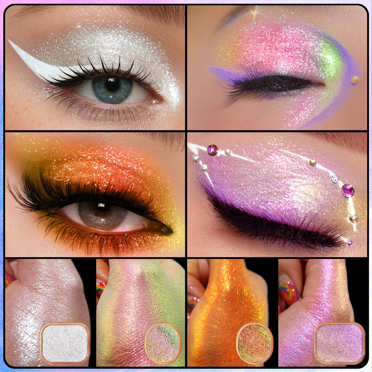 UCANBE swatch strips on arm showing color shifts and high reflectivity for vivid payoff