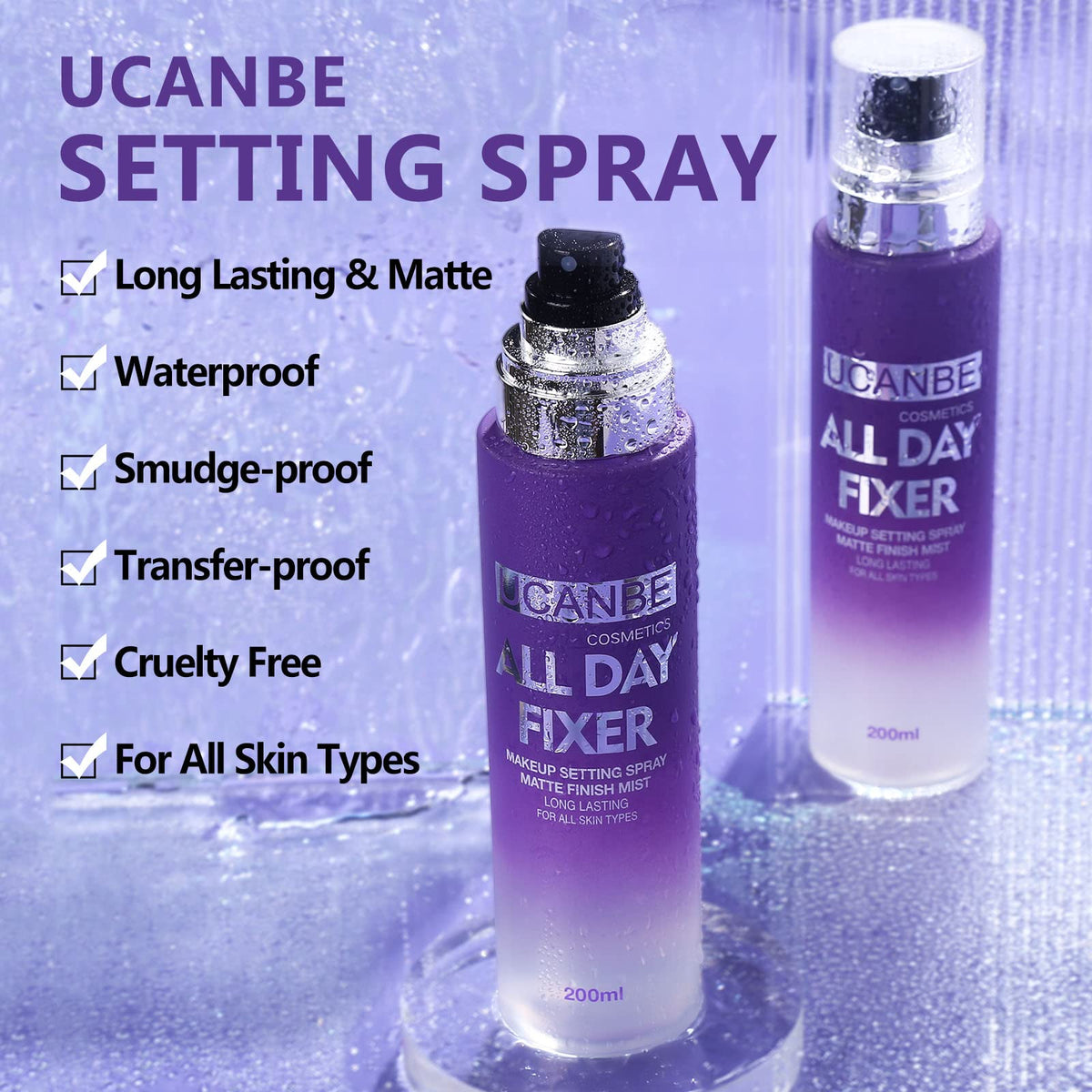 UCANBEMAKEUP atomizing nozzle close-up demonstrating fine mist for even coverage