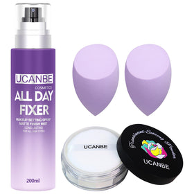 UCANBEMAKEUP front packaging showing full setting spray kit benefits