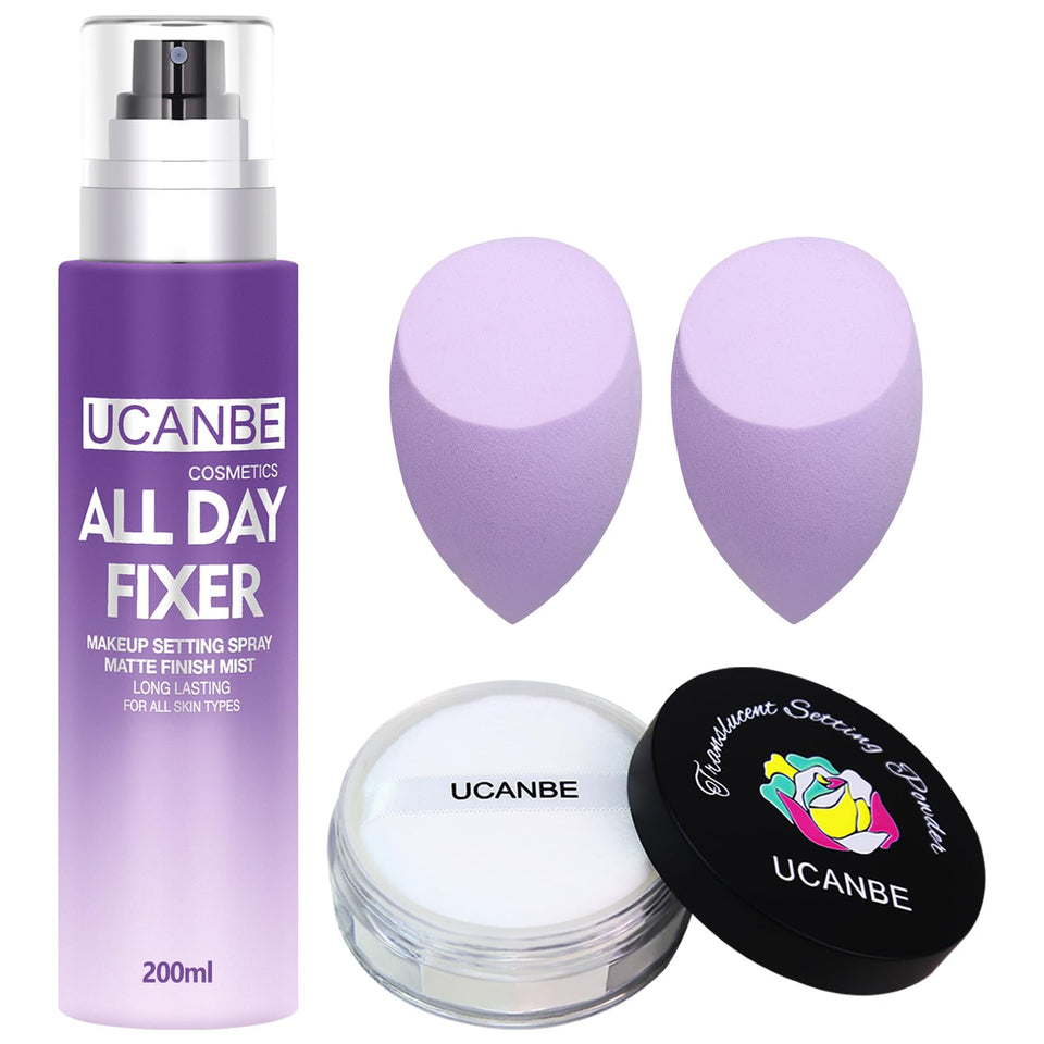 UCANBEMAKEUP front packaging showing full setting spray kit benefits