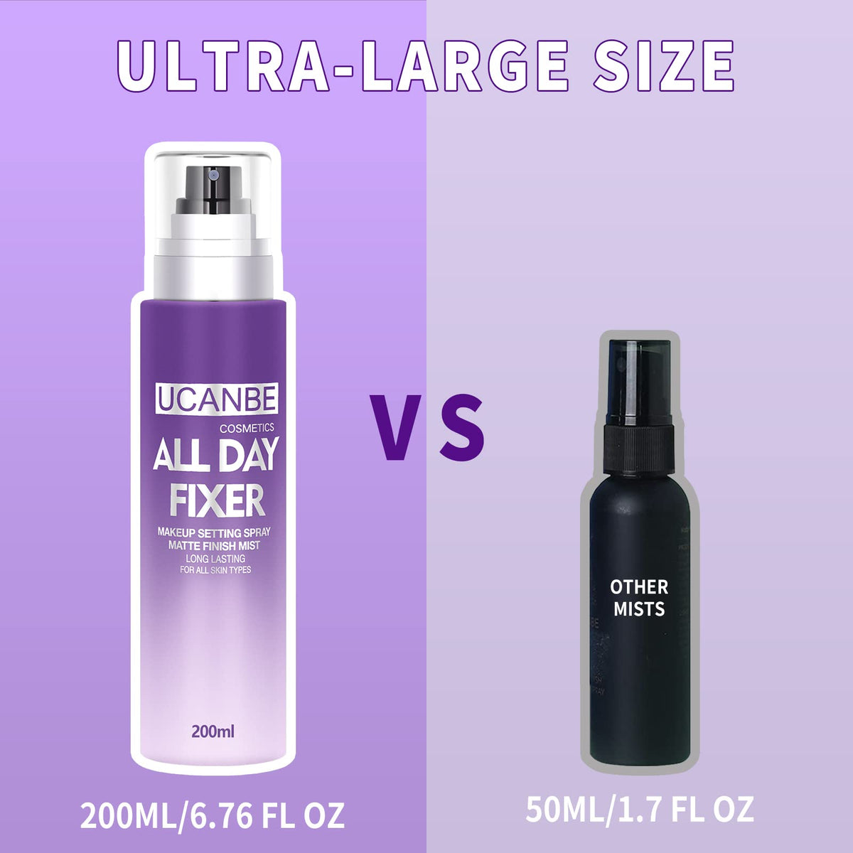 UCANBEMAKEUP bottles beside coin showing scale and large capacity advantage