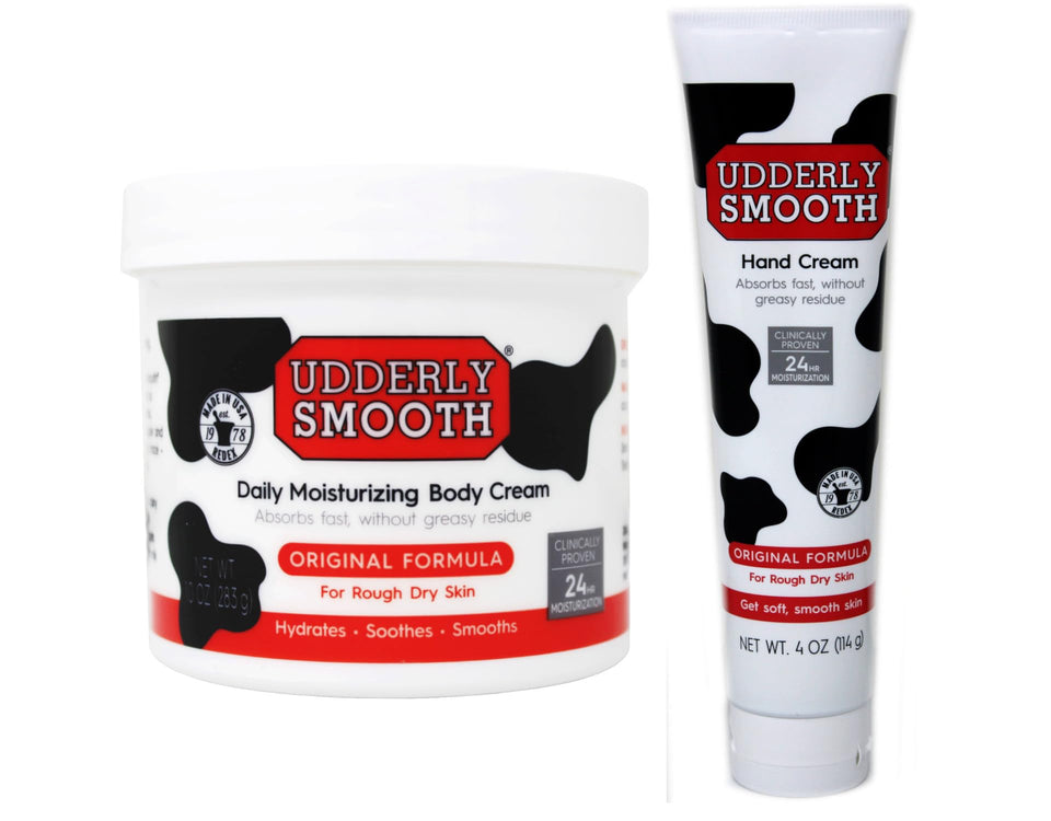 UDDERLY SMOOTH front packaging bundle showing both tubes and jar for quick hydration