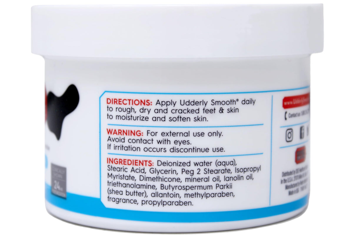 Udderly Smooth label and ingredients panel displaying formulation and shea butter benefit