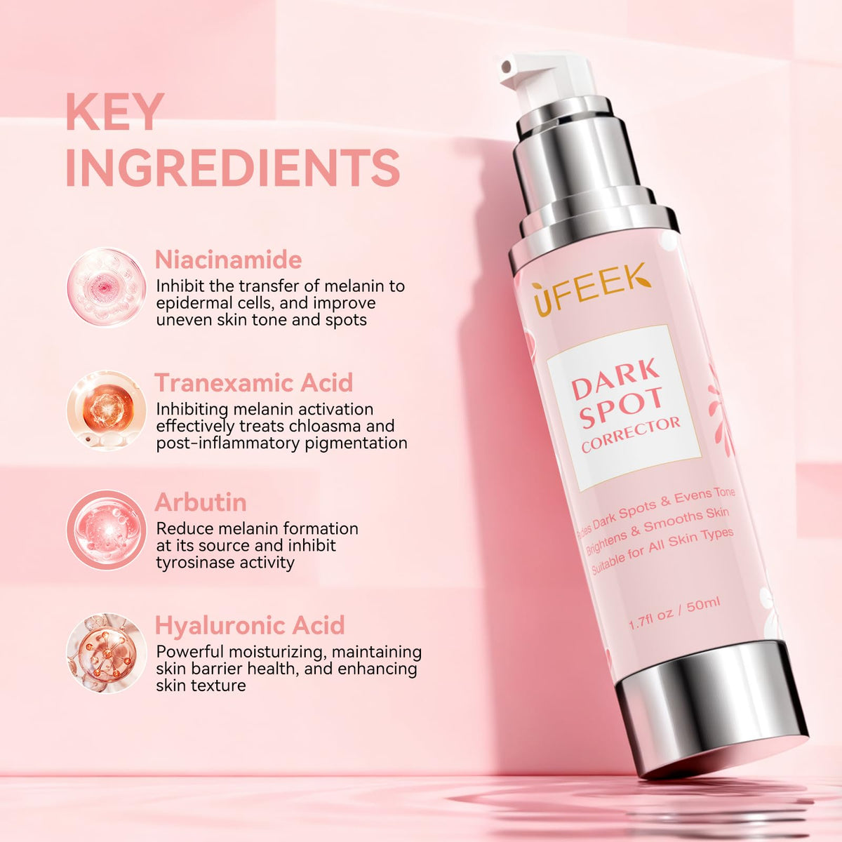 UFEEK ingredient display with niacinamide and arbutin highlighting brightening benefit