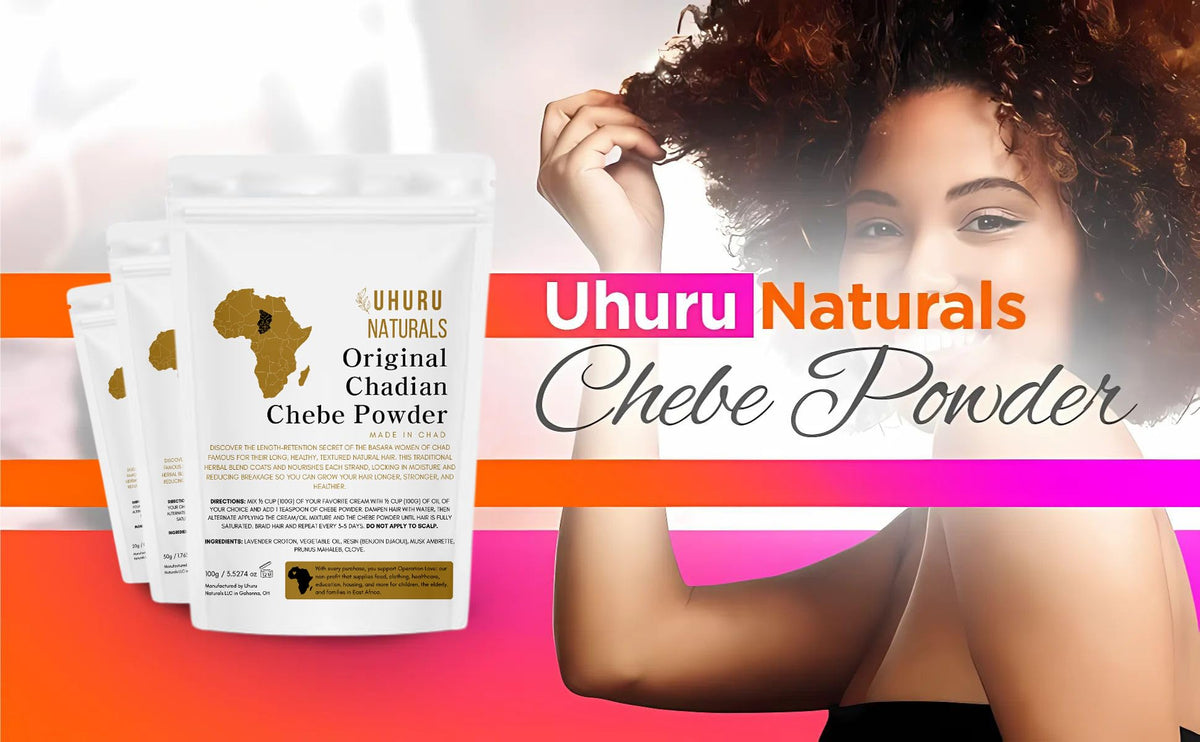 Uhuru Naturals applying ChadianChebe paste to long hair demonstrating protective coating