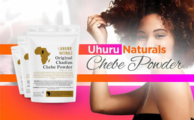 Uhuru Naturals applying ChadianChebe paste to long hair demonstrating protective coating