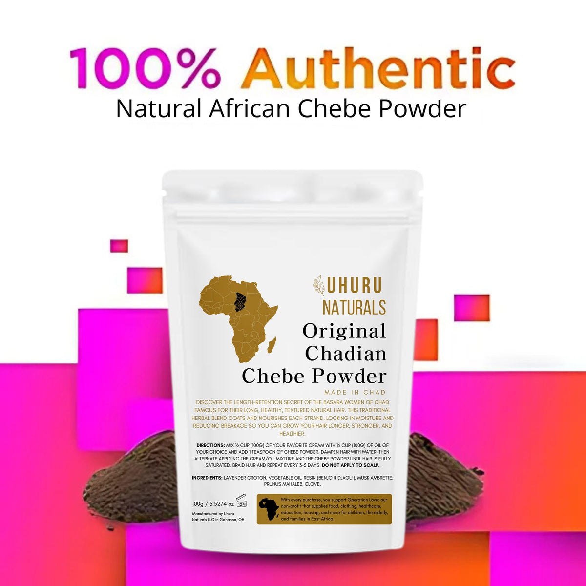 Uhuru Naturals close-up texture of ChadianChebe powder highlighting easy blendability