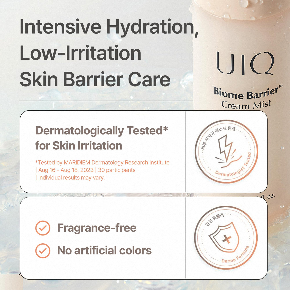 UIQ bottle held in hand to show 100ml travel-friendly size