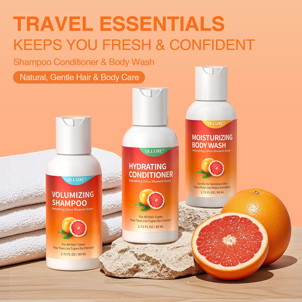 ulluxe travel trio staged in hotel bathroom showing convenience and on-the-go freshness benefit