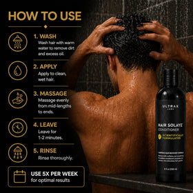 Ultrax Labs shampoo being applied in shower for improved hair manageability