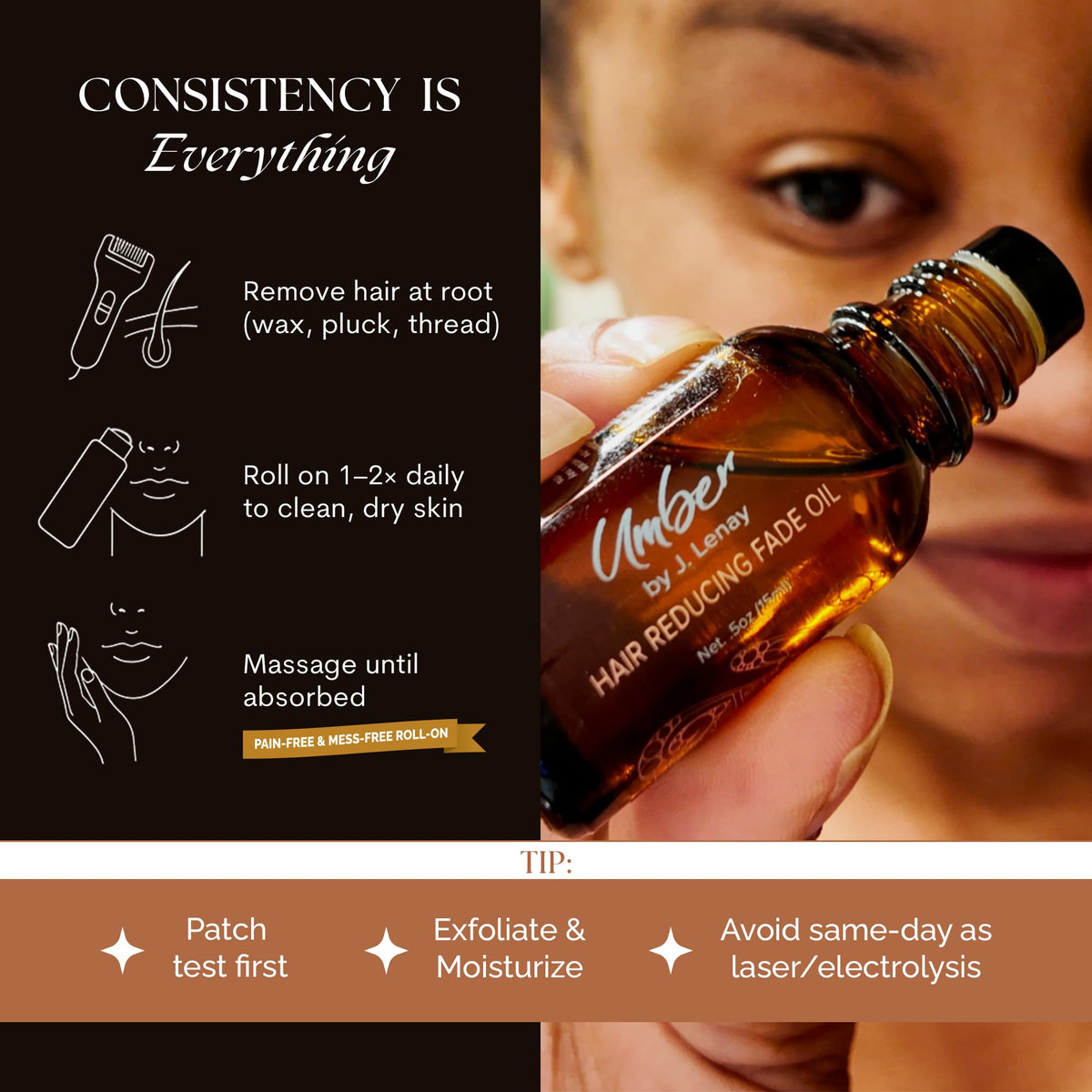 Umber By J. Lenay applied after waxing on calm skin showing soothing effect and reduced irritation benefit
